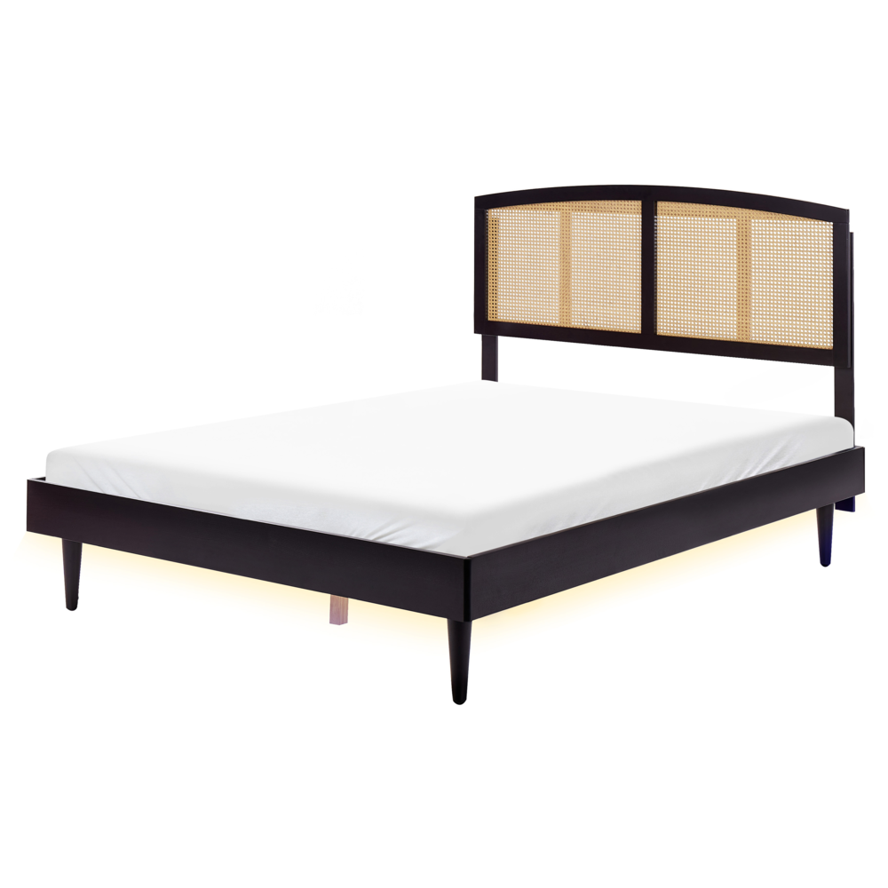foto del prodotto letto matrimoniale con testata con base a doghe in legno di gomma nero 160 x 200 cm con led stile moderno minimalista