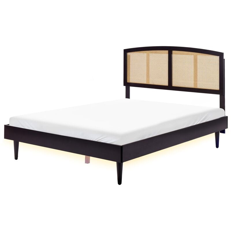 foto del prodotto letto matrimoniale con testata con base a doghe in legno di gomma nero 160 x 200 cm con led varzy