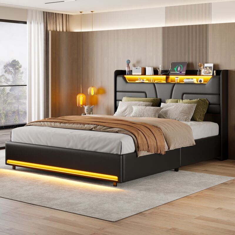 foto del prodotto letto matrimoniale contenitore 140x200cm con rete a doghe in legno, testiera con striscia luminosa a led e porta di ricarica usb, design moderno, nero