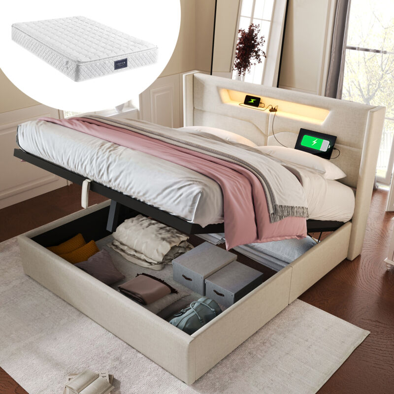 immagine 0 del prodotto letto matrimoniale, contenitore, giroletto in lino, letto ragazzi 160 x 200 con rete a doghe con materasso 