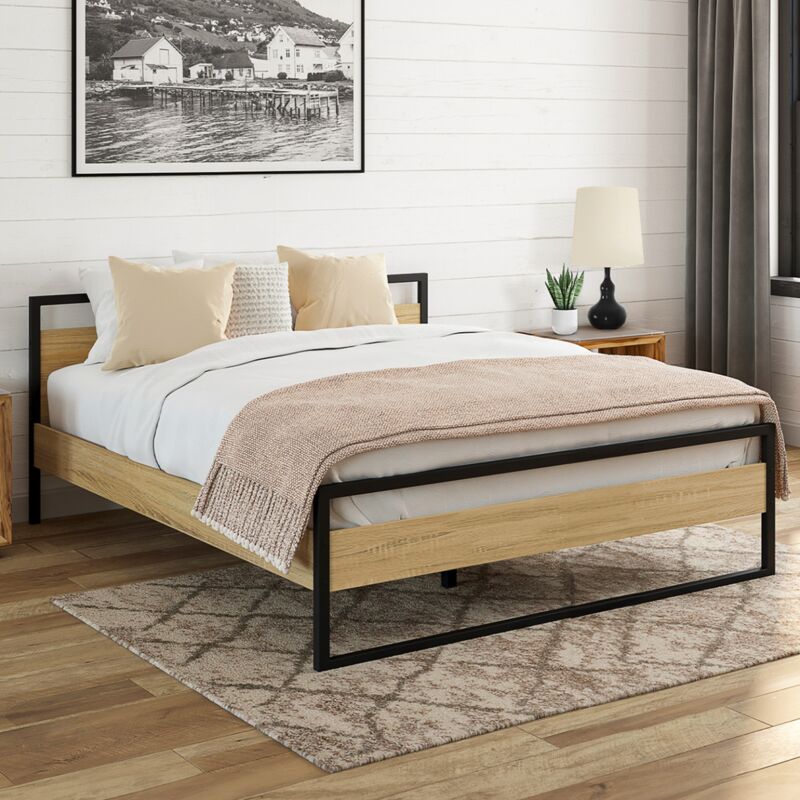 foto del prodotto letto matrimoniale detroit con base 140x190cm effetto legno e metallo nero