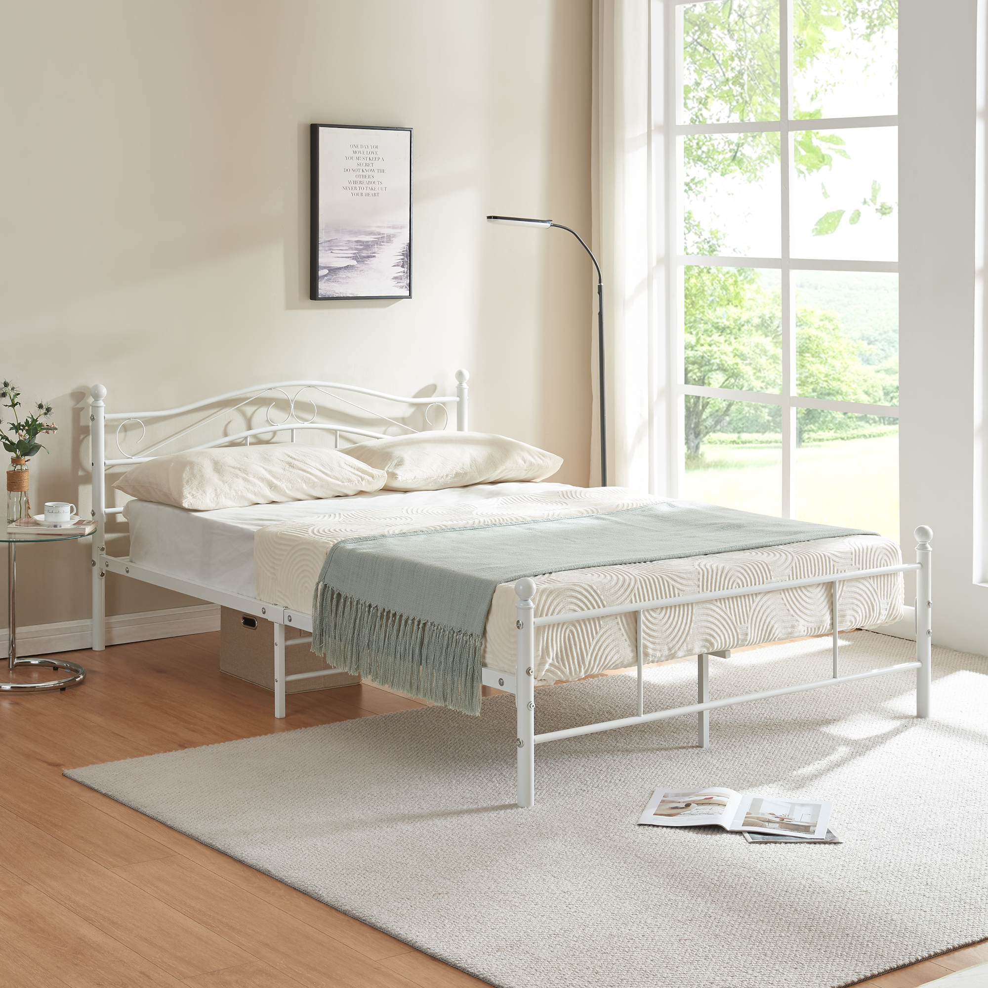 foto del prodotto letto matrimoniale florenz in acciaio con testiera alta decorativa 160 x 200 cm bianco en.casa 