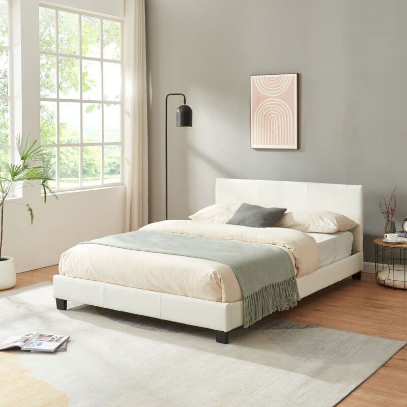 foto del prodotto letto matrimoniale francese 140x200 cm imbottito, rivestimento in similpelle, incluso rete a doghe bianco