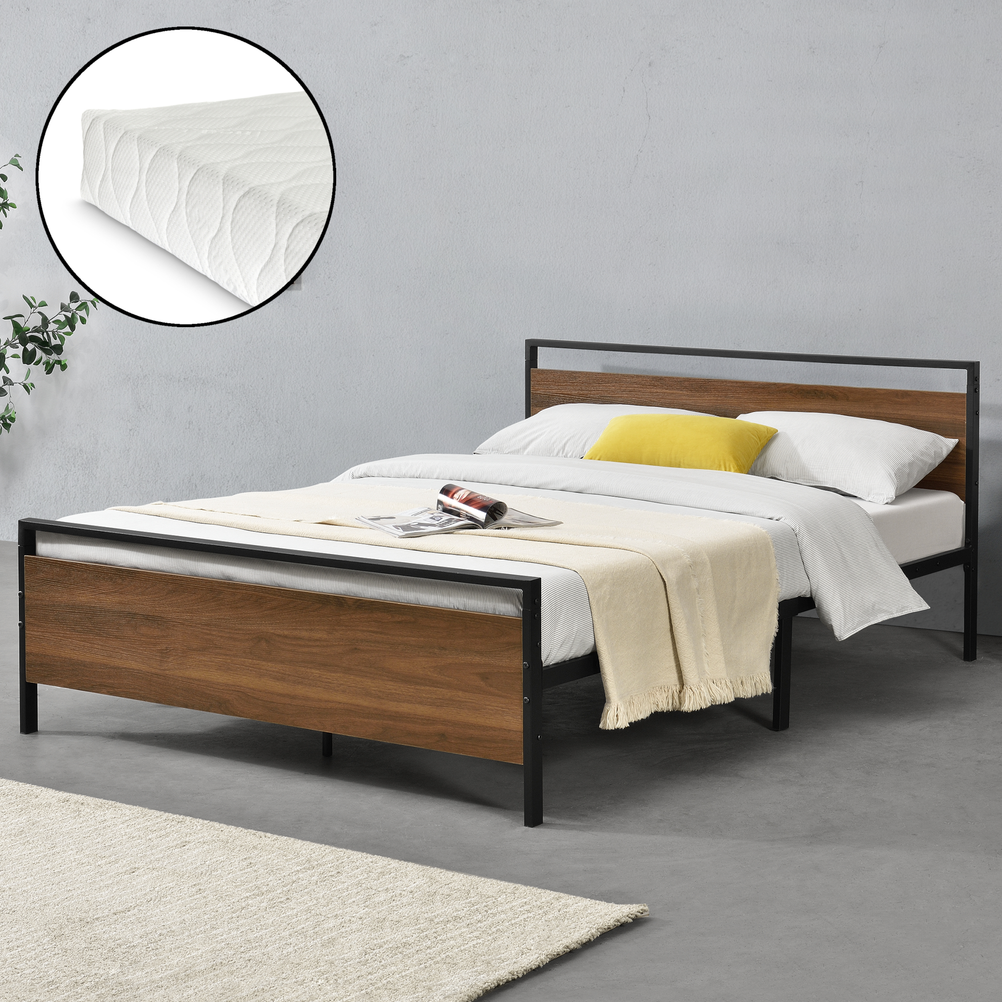 foto del prodotto letto matrimoniale francese in acciaio nero con materasso a schiuma fredda 140 x 200 cm testiera e pediera decorate con panelli in effetto legno di
