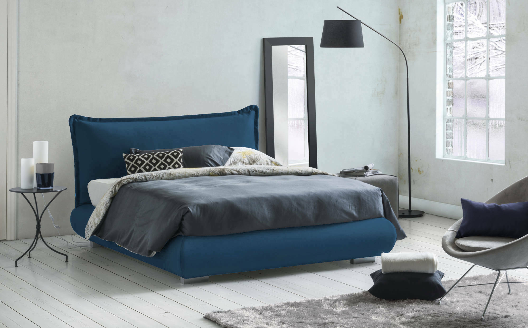 foto del prodotto letto matrimoniale geras, letto contenitore con rivestimento e testata in tessuto, made in italy, apertura frontale, adatto per materasso 160x190 cm, blu