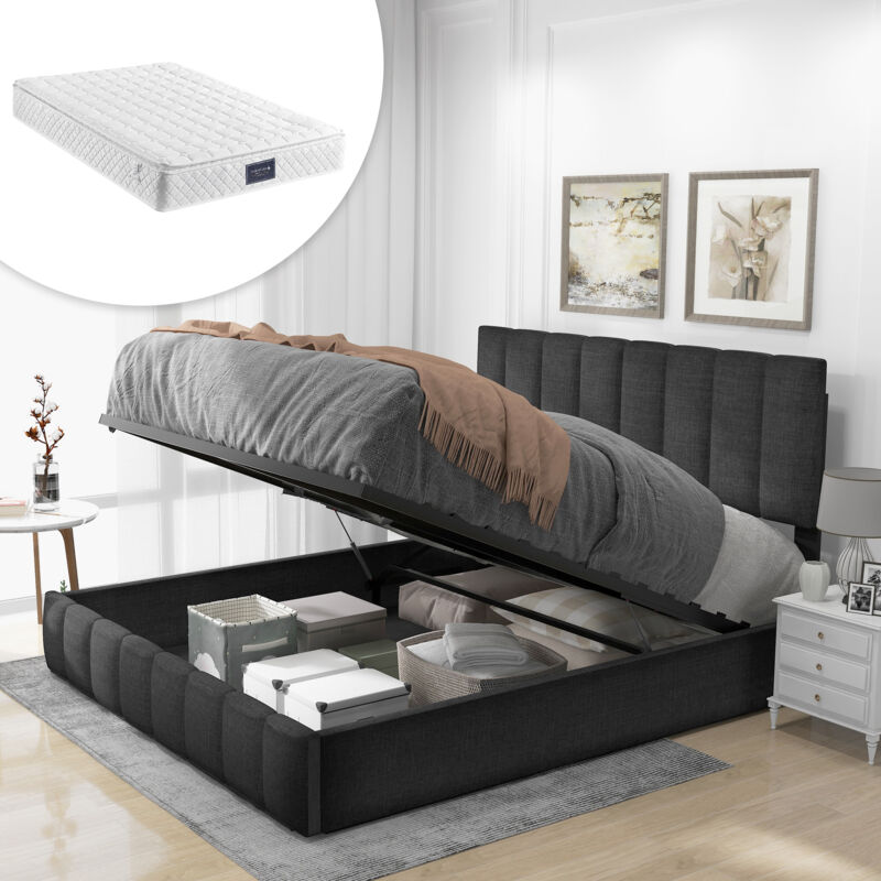 foto del prodotto letto matrimoniale idraulico imbottito 140x200 cm, testiera regolabile, letto con rete a doghe in metallo, materiale lino, giroletto moderno con vano