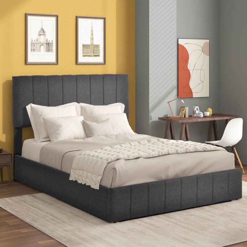 foto del prodotto letto matrimoniale idraulico imbottito 140x200 cm, testiera regolabile, letto con rete a doghe in metallo, materiale lino, giroletto moderno con vano