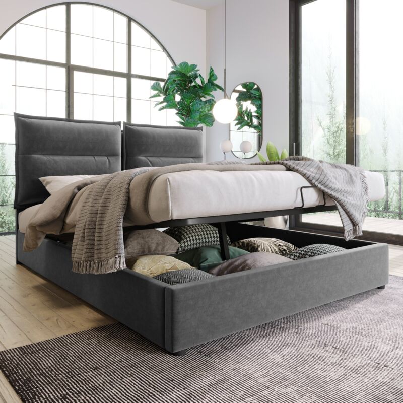 foto del prodotto letto matrimoniale idraulico imbottito 140x200 cm, testiera regolabile, letto con rete a doghe in metallo, velluto, giroletto moderno con vano