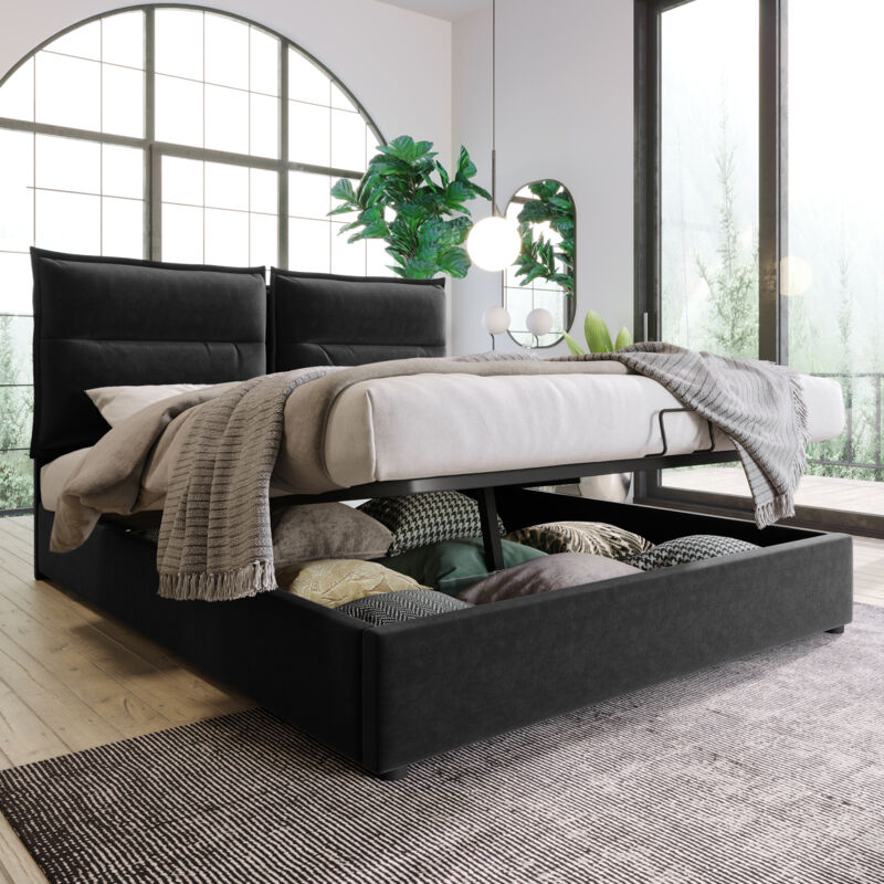 foto del prodotto letto matrimoniale idraulico imbottito 140x200 cm, testiera regolabile, letto con rete a doghe in metallo, velluto, struttura letto moderna con vano