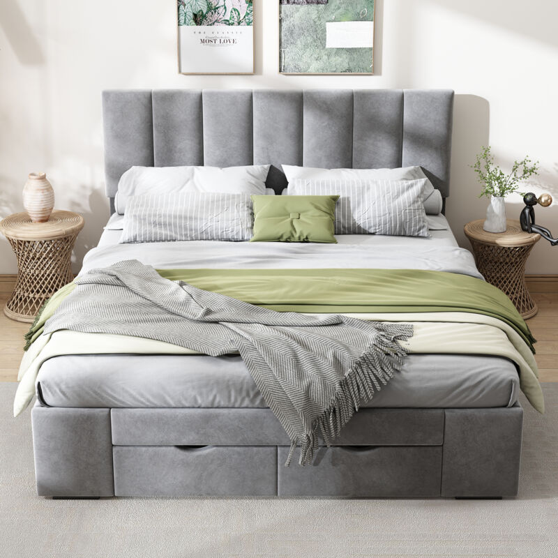 foto del prodotto letto matrimoniale imbottito 140 x 200 cm. 4 cassetti. velluto. grigio