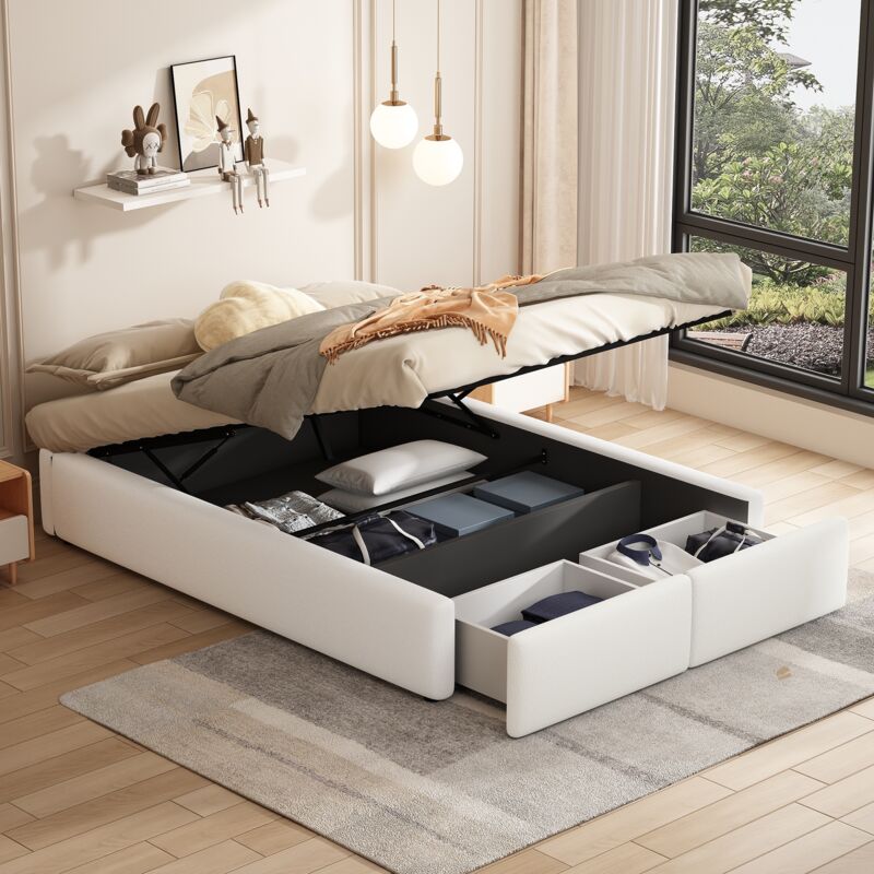 foto del prodotto letto matrimoniale imbottito 140 x 200 cm con contenitore idraulico e 2 cassetti, senza testiera, bianco