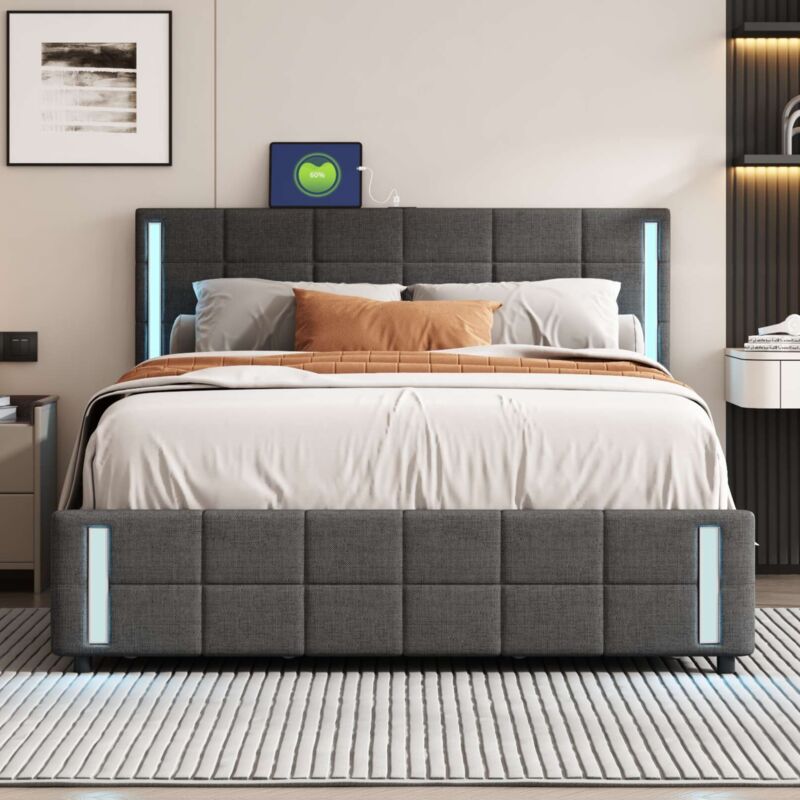 foto del prodotto letto matrimoniale imbottito 140 x 200 cm con led e 4 cassetti. fino a 250 kg. biancheria. beige