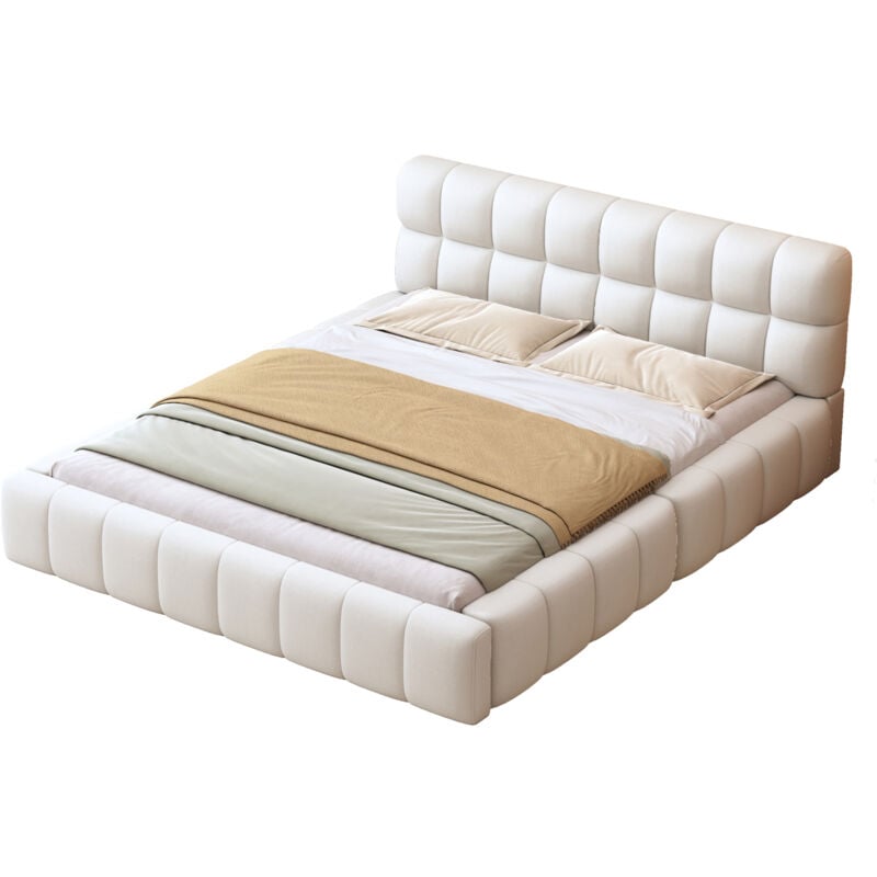 foto del prodotto letto matrimoniale imbottito 140 x 200 cm, con schienale morbido, dintorni imbottiti, lino beige
