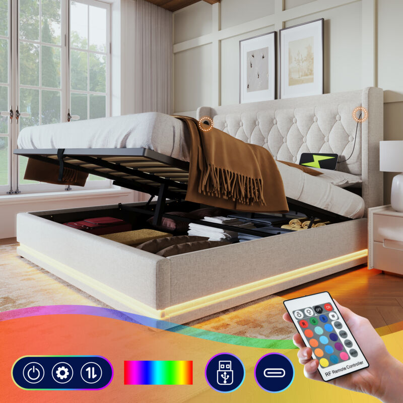 foto del prodotto letto matrimoniale imbottito 140 x 200 cm, materiale cotone beige, letto contenitore idraulico, testiera imbottita con funzione di ricarica usb