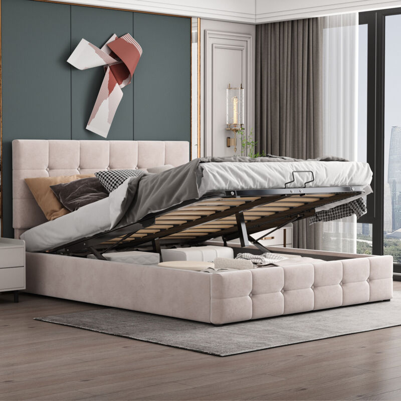 foto del prodotto letto matrimoniale imbottito 140200 con vano contenitore, letto sollevabile idraulicamente, testiera regolabile in altezza, rete a doghe in metallo,