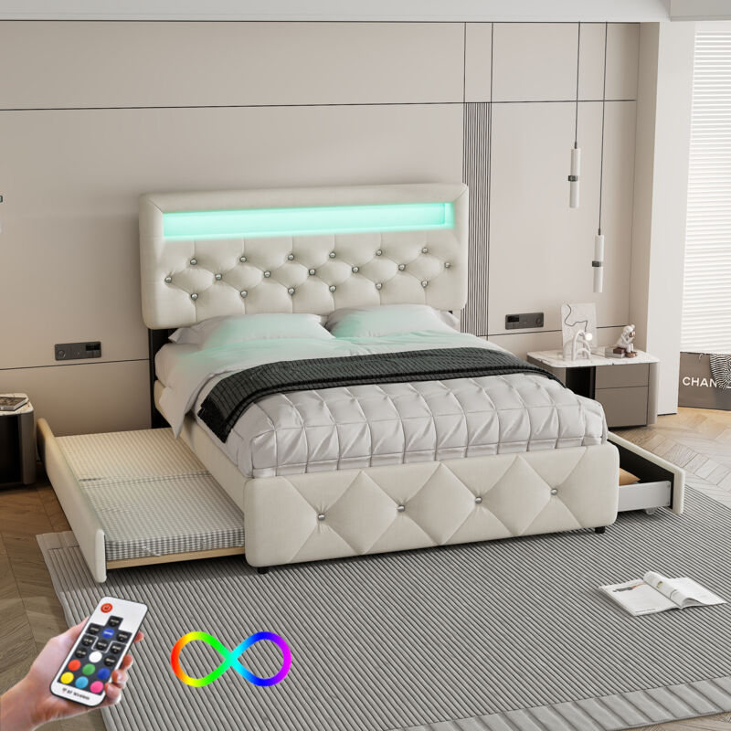 foto del prodotto letto matrimoniale imbottito 140x200 cm 90x190 cm , 2 cassetti, con barra luminosa, beige
