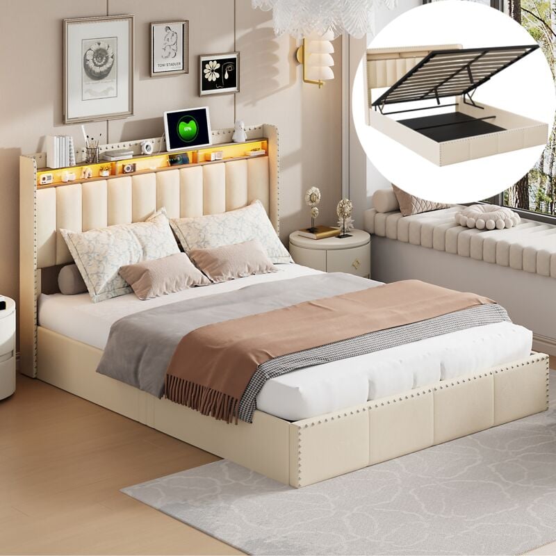 foto del prodotto letto matrimoniale imbottito 140x200 cm, lino, letto imbottito con illuminazione led, contenitore idraulico con ricarica usb type c, rete a doghe,