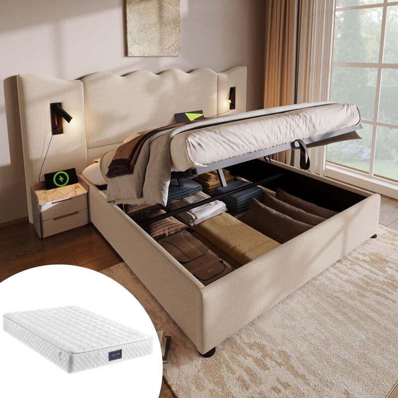 foto del prodotto letto matrimoniale imbottito 160 200 con lampada da lettura e funzione di ricarica usb type c, struttura letto contenitore con rete a doghe in legno