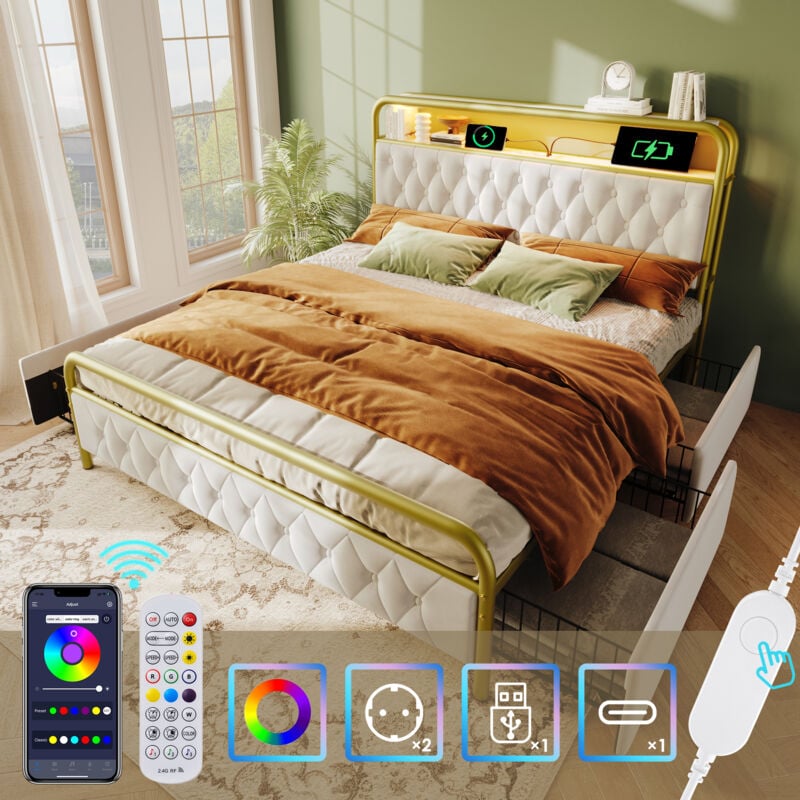 foto del prodotto letto matrimoniale imbottito 160 x 200 cm in metallo con led, 4 cassetti, funzione di ricarica usb type c, velluto, bianco, senza materasso