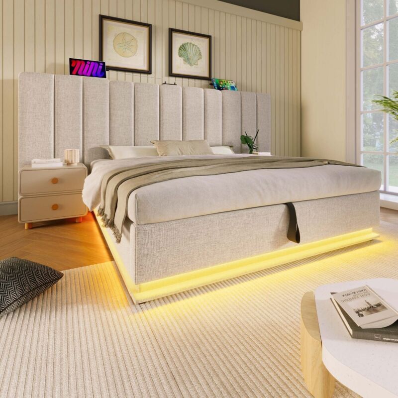 foto del prodotto letto matrimoniale imbottito 160 x 200 con app control led e ricarica usb c, beige, senza testata.