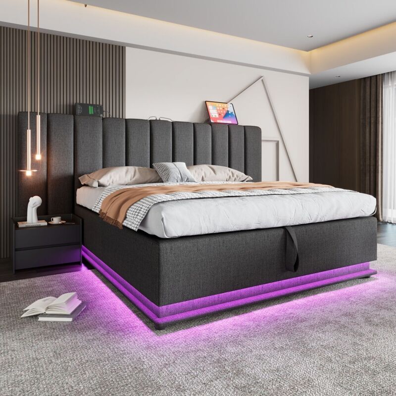 foto del prodotto letto matrimoniale imbottito 160 x 200 con controllo app led e ricarica usb c, grigio, senza testata
