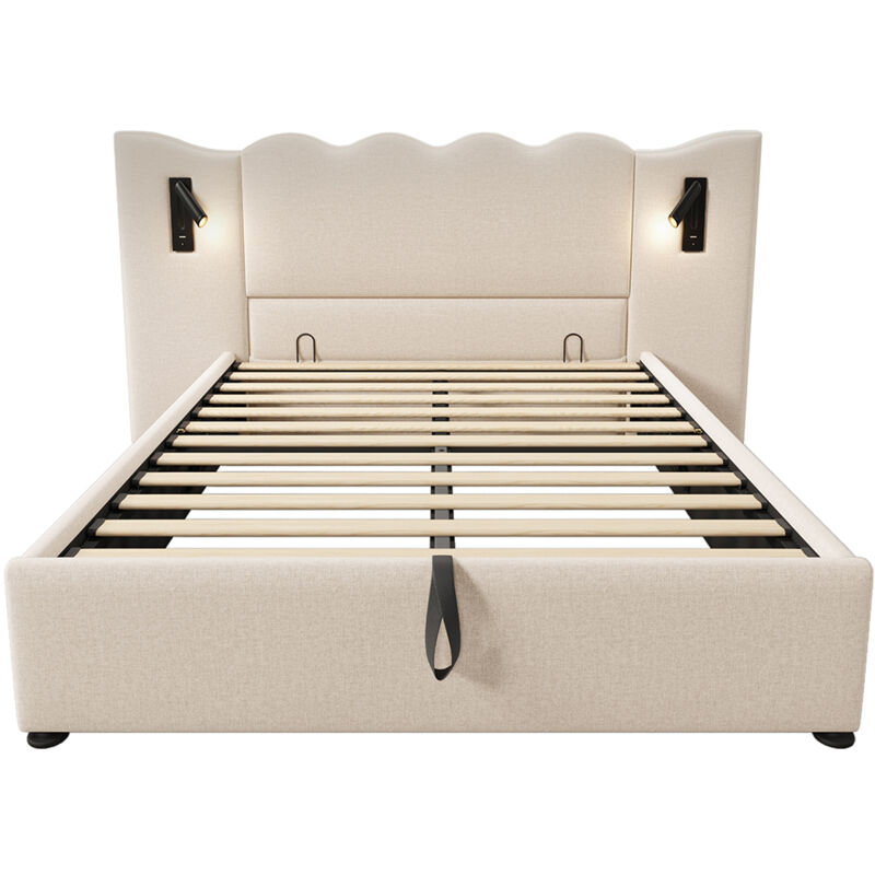 foto del prodotto letto matrimoniale imbottito 160 x 200 con luce di lettura e caricatore usb type c, beige, lino.