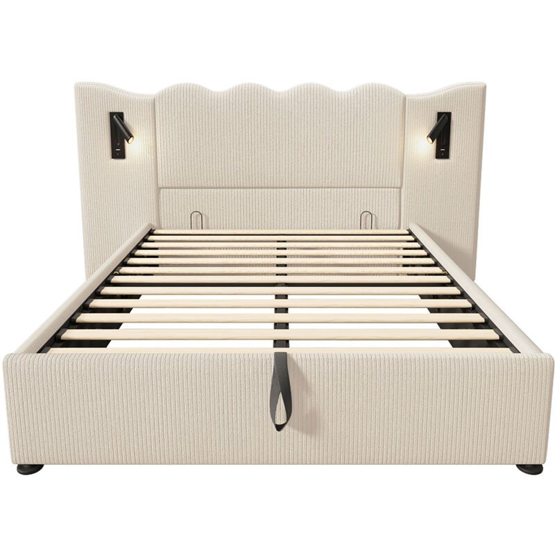 foto del prodotto letto matrimoniale imbottito 160 x 200, con luce di lettura e caricatore usb type c, beige, tessuto a coste.
