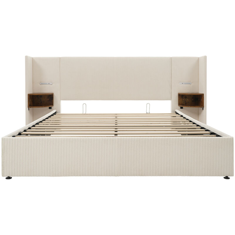 foto del prodotto letto matrimoniale imbottito 160 x 200 con luce di lettura e caricatore usb type c, beige, tessuto a coste.