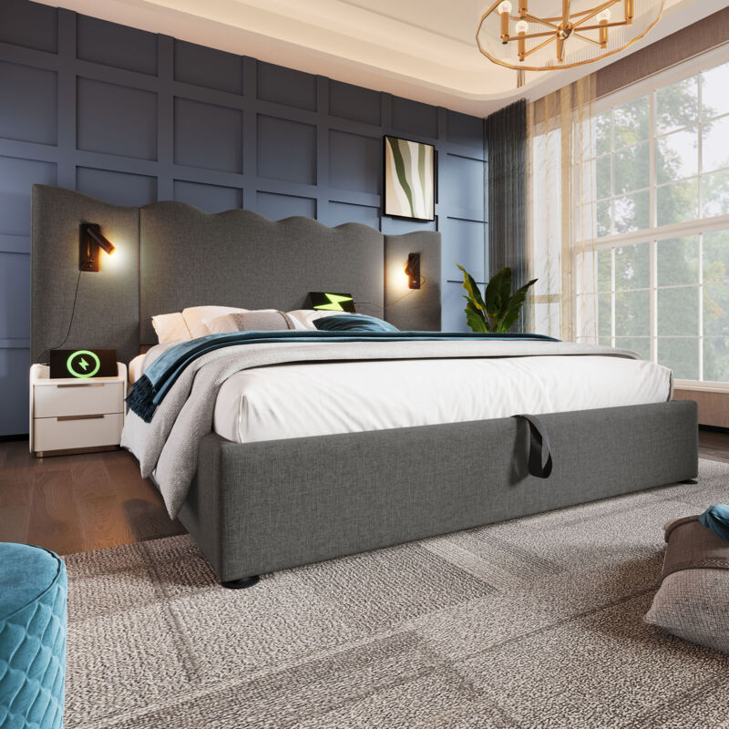 foto del prodotto letto matrimoniale imbottito 160 x 200, con luce di lettura e caricatore usb type c, grigio, lino.