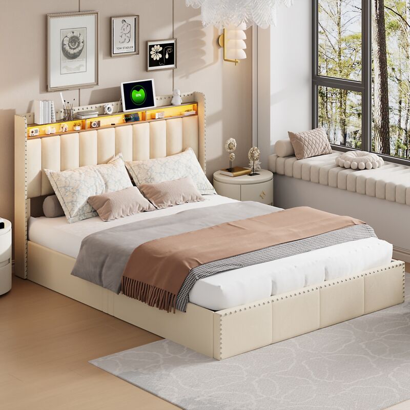 foto del prodotto letto matrimoniale imbottito 160x200 cm, in lino, con illuminazione led, contenitore idraulico con ricarica usb e type c, rete a doghe, rivestimento