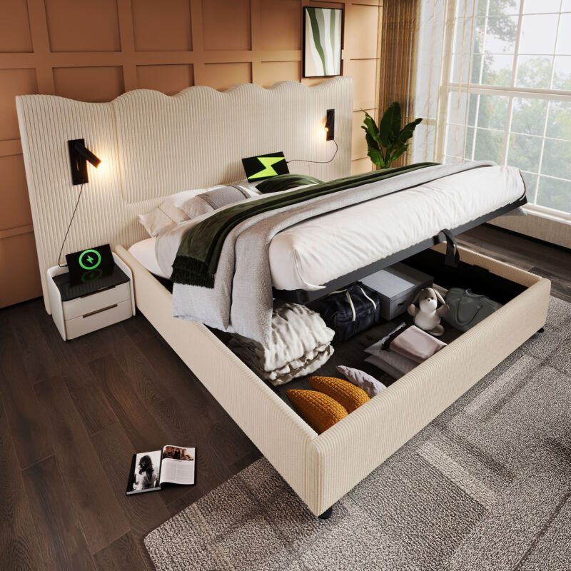 foto del prodotto letto matrimoniale imbottito 180 200 con lampada da lettura e funzione di ricarica usb type c, struttura letto contenitore con rete a doghe in legno