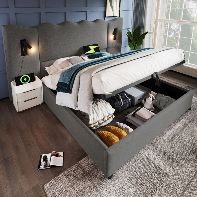 foto del prodotto letto matrimoniale imbottito 180 200 con lampada da lettura e funzione di ricarica usb type c, struttura letto contenitore con rete a doghe in legno