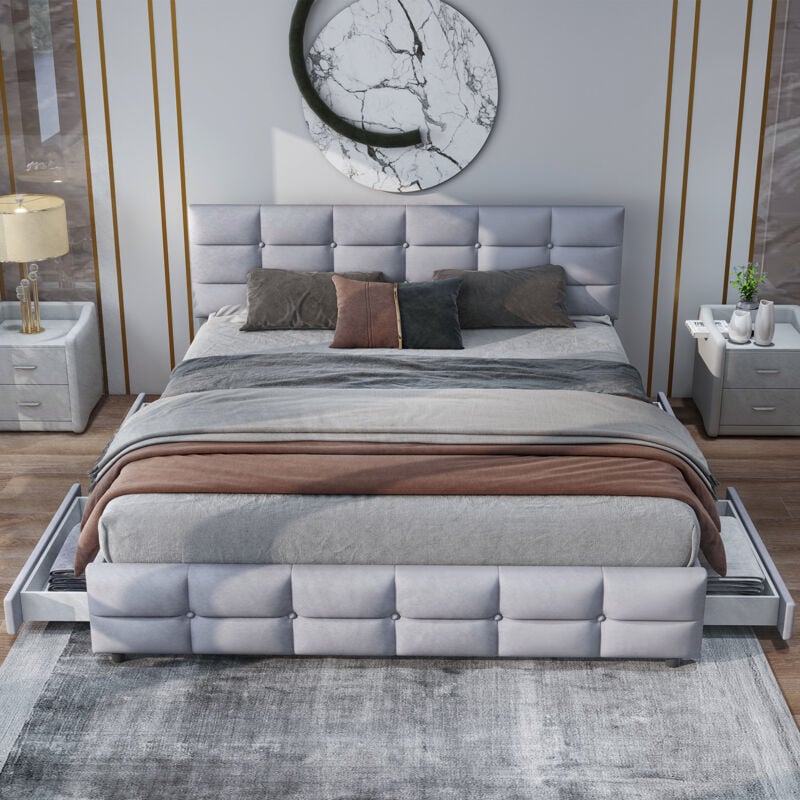 foto del prodotto letto matrimoniale imbottito 180 x 200 cm. 4 cassetti. in tessuto di velluto. grigio