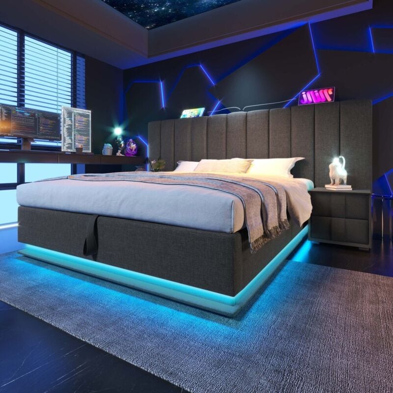 foto del prodotto letto matrimoniale imbottito 180 x 200 con led app control e ricarica usb c, lino, grigio, senza testata