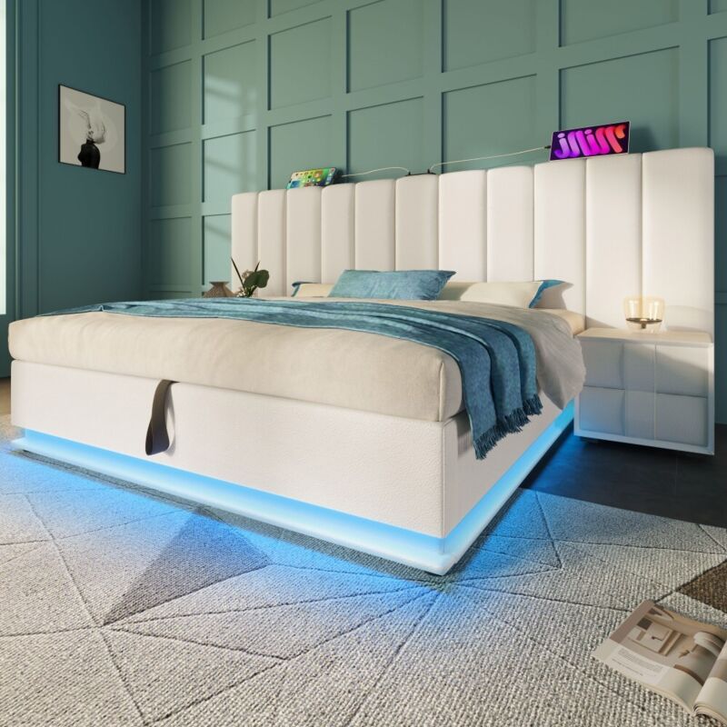 foto del prodotto letto matrimoniale imbottito 180 x 200 con led app control e ricarica usb c, pu, bianco, senza testata