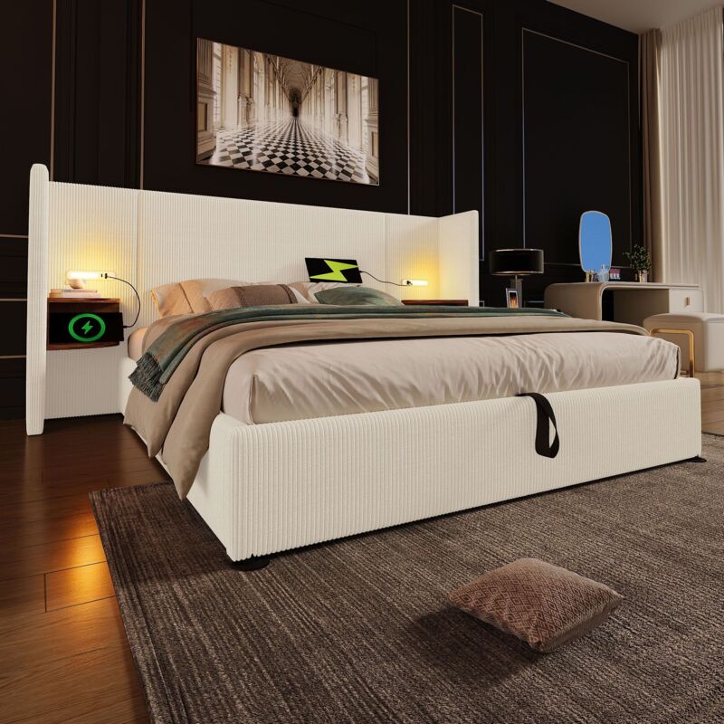 foto del prodotto letto matrimoniale imbottito 180 x 200, con luce di lettura e caricatore usb type c, beige, tessuto a coste.