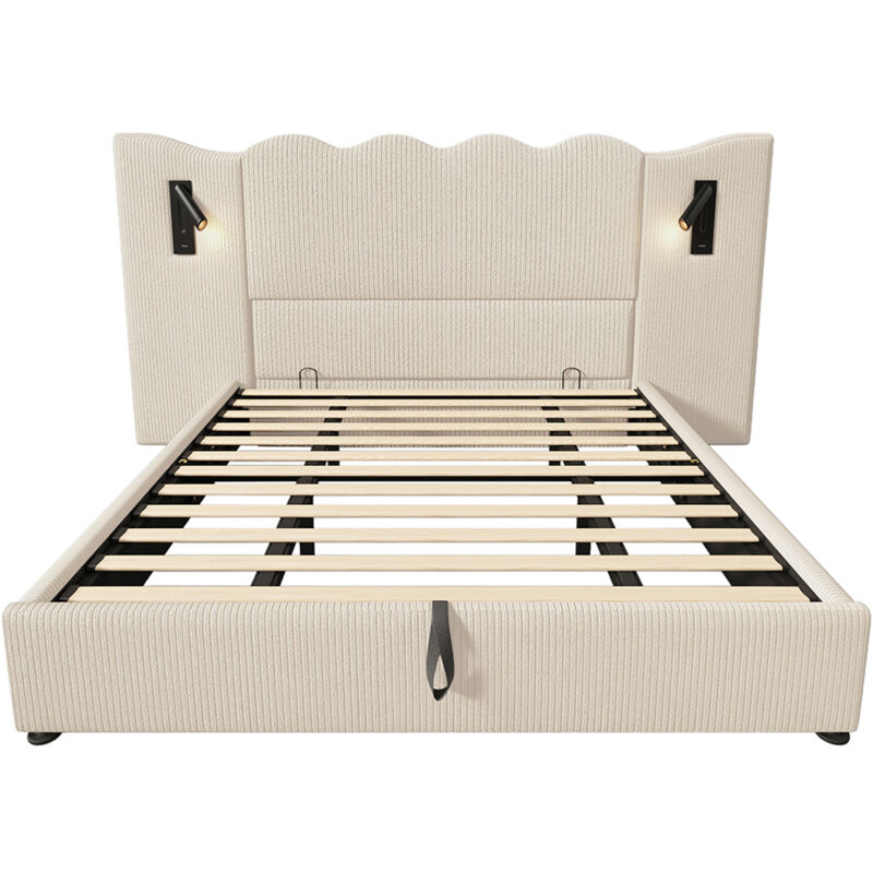 foto del prodotto letto matrimoniale imbottito 180 x 200 con luce di lettura e caricatore usb type c, beige, velluto a coste.