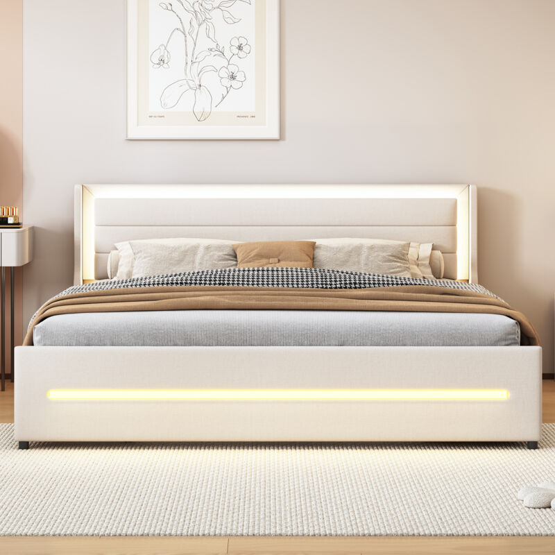 foto del prodotto letto matrimoniale imbottito 180x200 cm, con illuminazione a led, vano contenitore beige