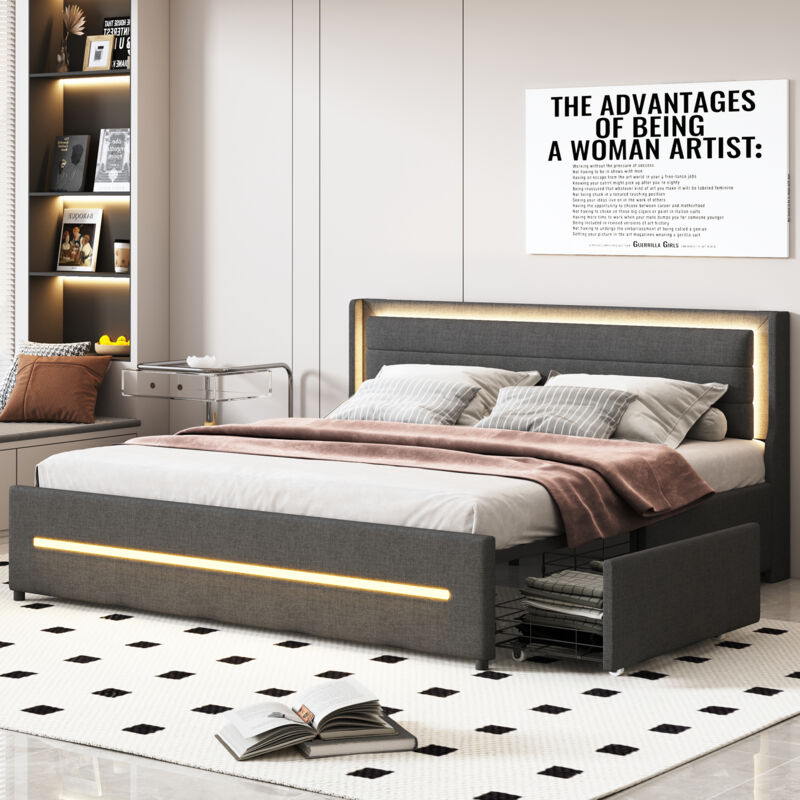 foto del prodotto letto matrimoniale imbottito 180x200 cm, con illuminazione a led, vano contenitore grigio