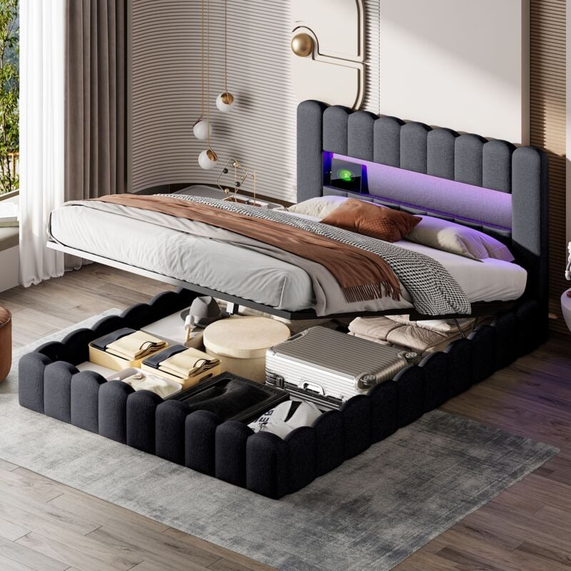 foto del prodotto letto matrimoniale imbottito 180x200 cm - lino, con porta di ricarica usb e type-c, testiera con illuminazione a led, rete a doghe, contenitore