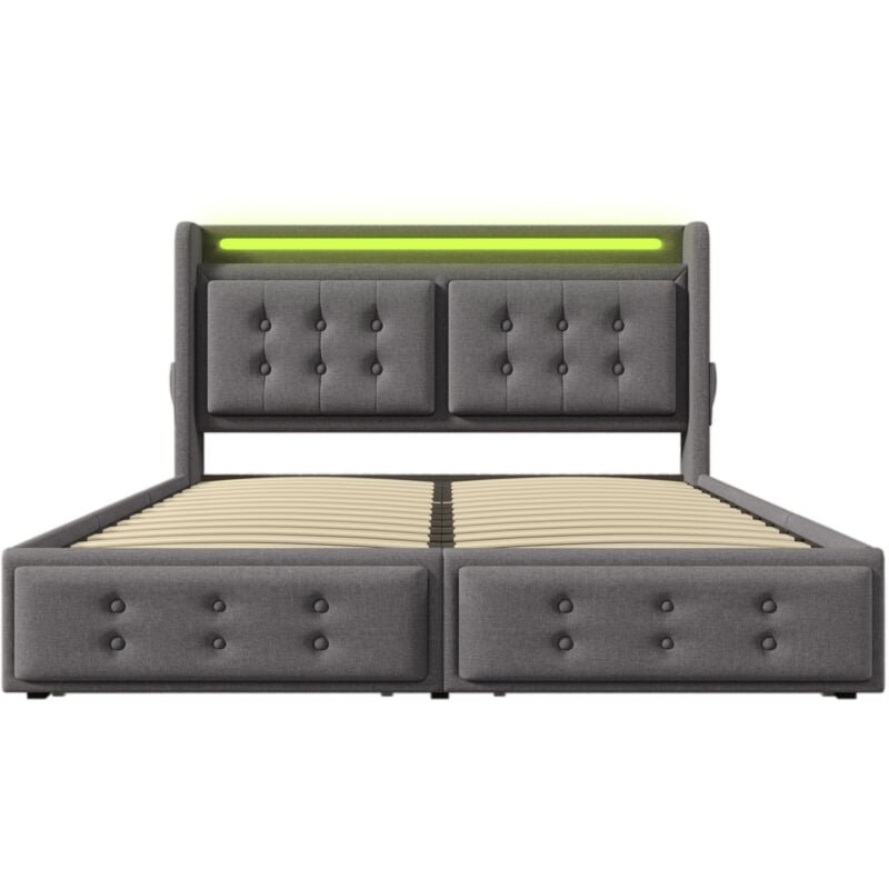 foto del prodotto letto matrimoniale imbottito 180x200 con testata a led e caricatore usb c 4 cassetti, grigio ,senza materasso