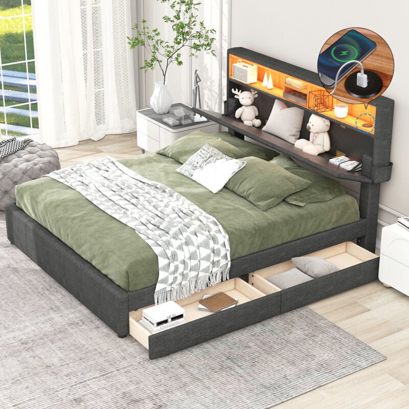 foto del prodotto letto matrimoniale imbottito con contenitore con rete a doghe senza materasso beige, 140x200 cm , con ricarica usb e illuminazione a led grigio