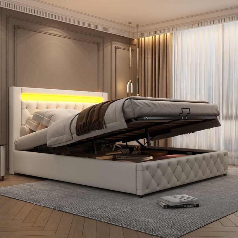 foto del prodotto letto matrimoniale imbottito con contenitore rivestimento in pelle ecopelle delicata sulla pelle , letto funzionale con rete a doghe e spazio di