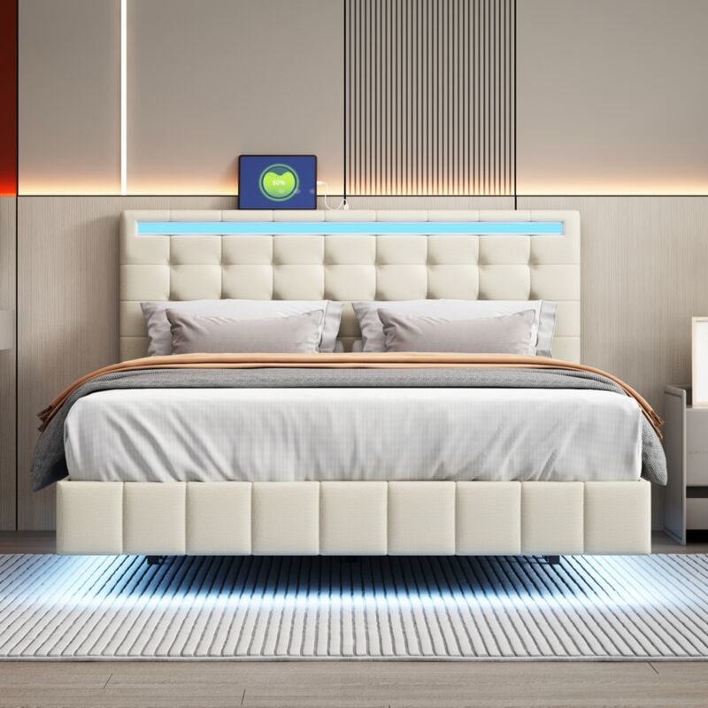 foto del prodotto letto matrimoniale imbottito, con luci led e testiera, lino 140x200cm, beige materasso non incluso 