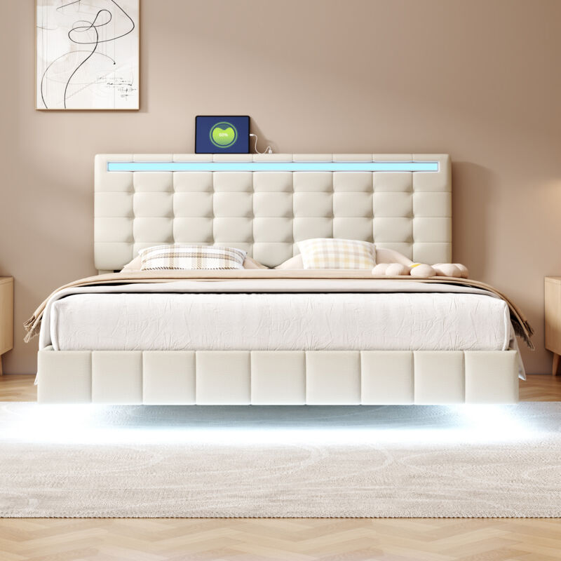 foto del prodotto letto matrimoniale imbottito, con luci led e testiera, lino 160x200cm, beige materasso non incluso 