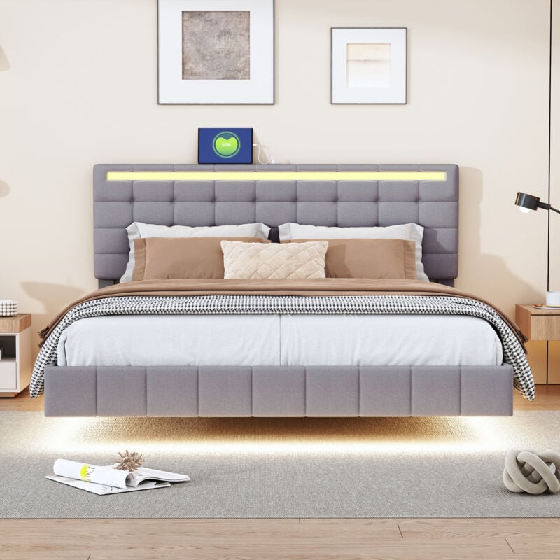 foto del prodotto letto matrimoniale imbottito, con luci led e testiera, lino 160x200cm, grigio materasso non incluso 