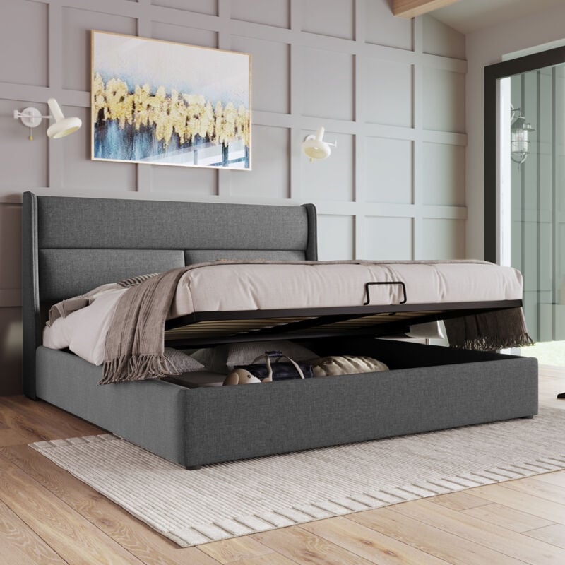 foto del prodotto letto matrimoniale imbottito con poggiatesta regolabile, letti con contenitore, giroletto in materiale di lino, letto per ragazzi 180x200 con rete a