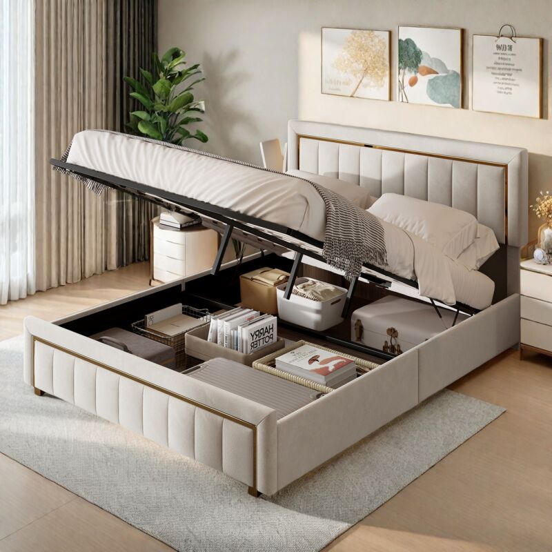 foto del prodotto letto matrimoniale imbottito con sistema di stoccaggio idraulico, moderno letto contenitore, tessuto in velluto bianco nero, 140 x 200 cm 160 x 200
