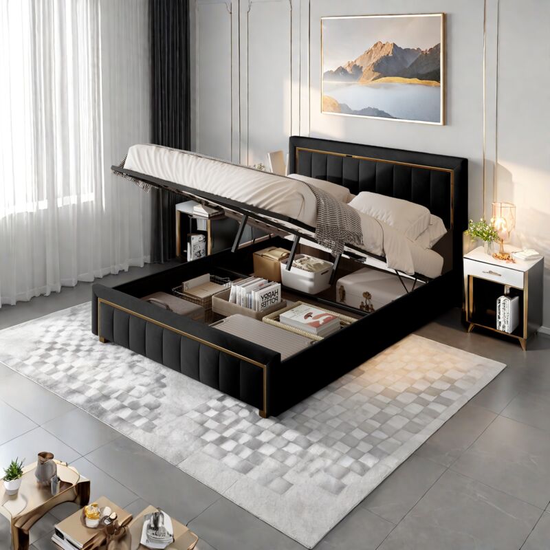 foto del prodotto letto matrimoniale imbottito con sistema di stoccaggio idraulico, moderno letto contenitore, tessuto in velluto bianco nero, 140 x 200 cm 160 x 200