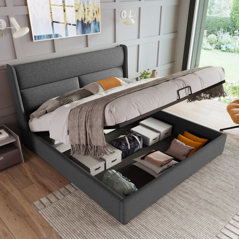 foto del prodotto letto matrimoniale imbottito con testiera regolabile, letti con contenitore, giroletto in materiale di lino, letto per ragazzi 140x200 con rete a